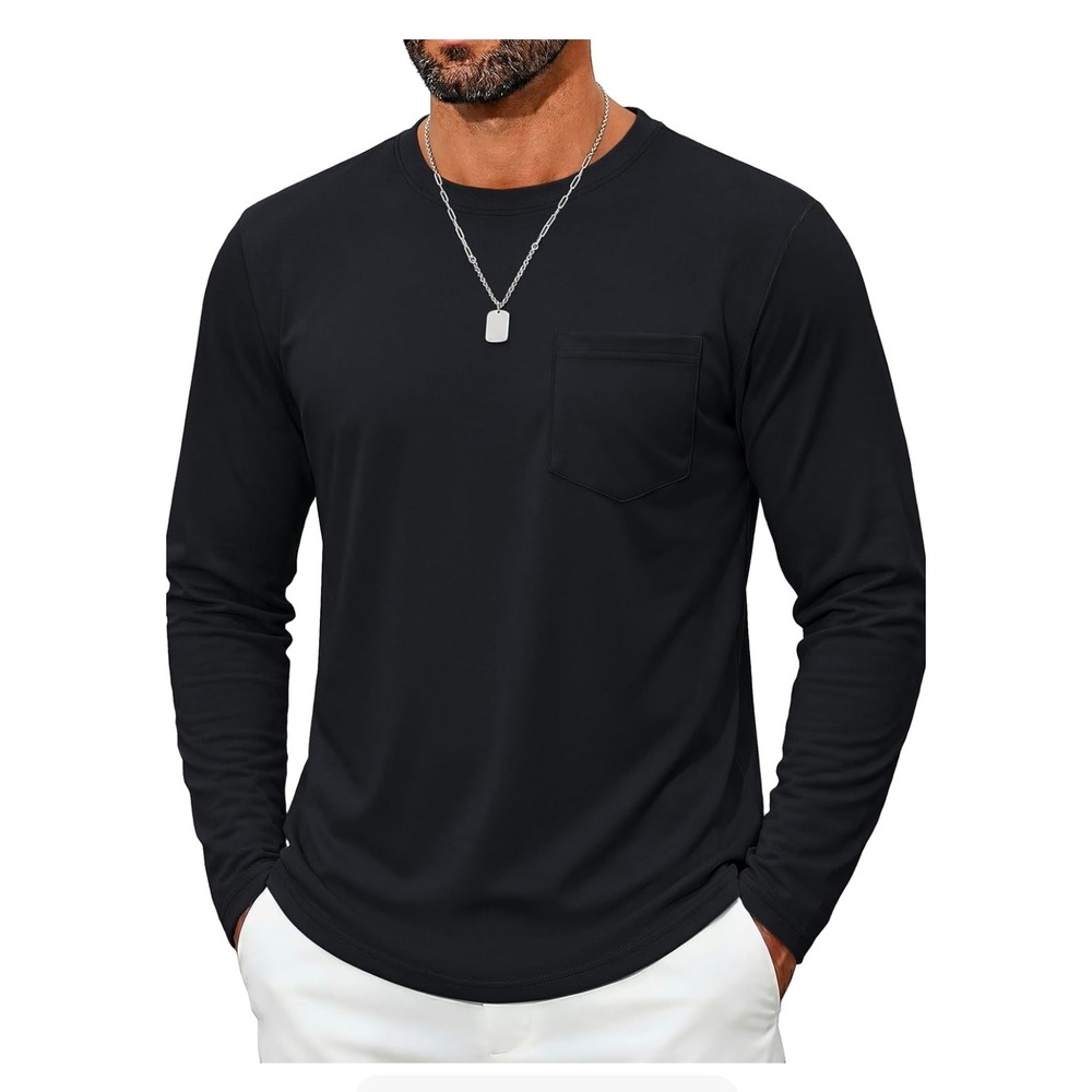 Mens Black Long Sleeve Pocket T-Shirt 100% Cotton Crew Neck Casual Tee Size M